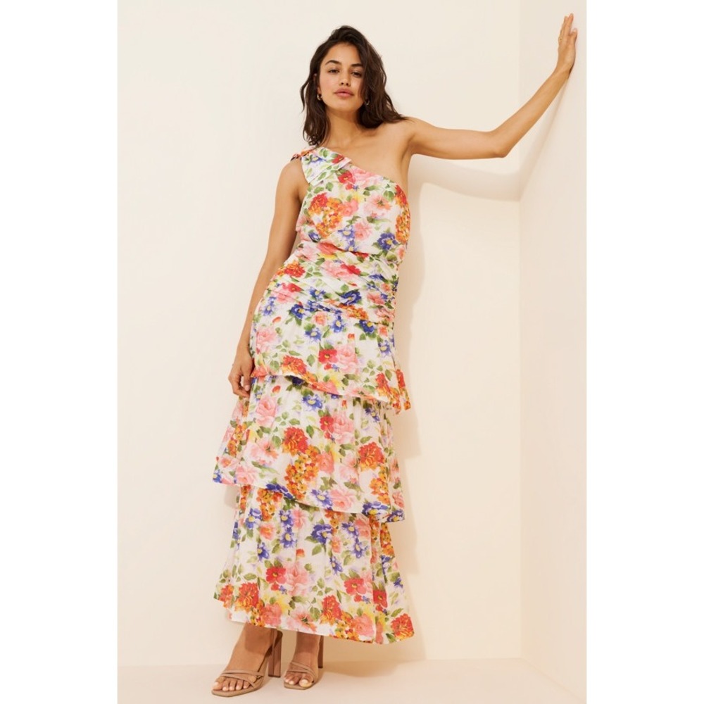 Astr One-Shoulder Tiered Floral Midi Dress in White with Pink, Orange, Blue